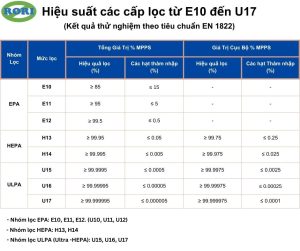 Bảng dữ liệu này cho biết khả năng và hiệu suất lọc của các bộ lọc hepa, bộ lọc nâng cao từ cấp E10 đến U17. từ đó, giúp đơn giản và trực quan hơn trong việc tìm hiểu về khả năng của các cấp bộ lọc HEPA