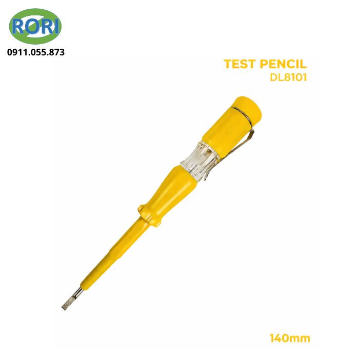 Bút thử điện Deli dùng kiểm tra điện áp AC 110-250V và 100-500V. Thiết kế thép hợp kim, độ sáng cao, phù hợp gia đình và thợ điện.
