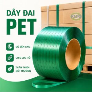Dây đai PET với khả năng chịu lực tốt hơn nhiều so với dây đai PP. Loại dây đai này phù hợp với   pallet và hàng hóa có trọng lượng lớn hơn.