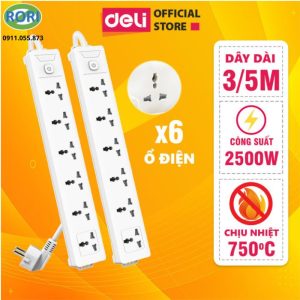 Ổ cắm điện thông minh ET406 Deli 6 ổ cắm là giải pháp cấp nguồn tiện lợi cho nhiều thiết bị trong cùng một không gian. Sản phẩm sở hữu dây dài 5m, công suất tối đa 2500W và dòng điện 10A. Thiết kế hiện đại, chất liệu chịu nhiệt và khả năng hoạt động an toàn giúp người dùng yên tâm khi sử dụng. Đây là ổ điện công suất lớn cho gia đình, văn phòng,...
