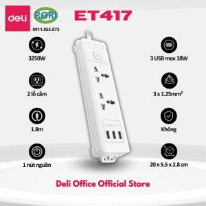 Ổ điện chống cháy của Deli là lựa chọn phù hợp cho mọi gia đình, văn phòng và khu vực làm việc. Đây là loại ổ điện hiện đại, thiết kế hướng tới sự an toàn, chống giật. Chất liệu bền bỉ, chịu nhiệt cao giúp hạn chế khả năng chống cháy. Thiết bị phù hợp cho gia đình có trẻ em hay không gian làm việc cần kết nối nhiều thiết bị.