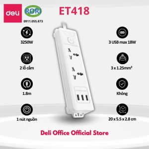 Ổ điện chống cháy ET418 của Deli là lựa chọn phù hợp cho mọi gia đình, văn phòng và khu vực làm việc. Đây là loại ổ điện hiện đại, thiết kế hướng tới sự an toàn, chống giật. Chất liệu bền bỉ, chịu nhiệt cao giúp hạn chế khả năng chống cháy. Thiết bị phù hợp cho gia đình có trẻ em hay không gian làm việc cần kết nối nhiều thiết bị.