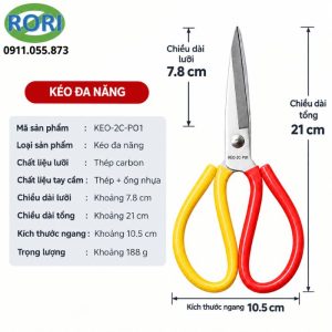 Kéo KEO-2C-D01 là mẫu kéo có thiết kế đơn giản, chắc chắn và dễ sử dụng. Sản phẩm phù hợp với nhiều công việc cắt trong gia đình, văn phòng và các nhu cầu thủ công hằng ngày. Do vậy, kéo còn được gọi bởi những cái tên kéo văn phòng, kéo thủ công, kéo gia dụng,...Lưỡi kéo được làm từ carbon. Tay cầm kết hợp thép và ống nhựa. Thiết kế hai màu đỏ - vàng tạo điểm nhấn, đồng thời giúp sản phẩm dễ nhận biết khi sử dụng.